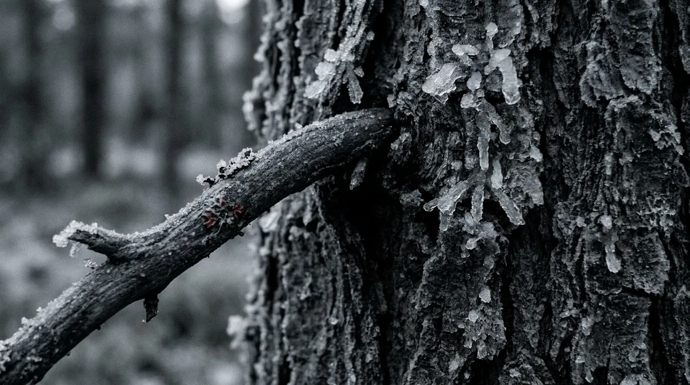 Frost crystals on dark spruce bark, one faint touch of crimson lichen